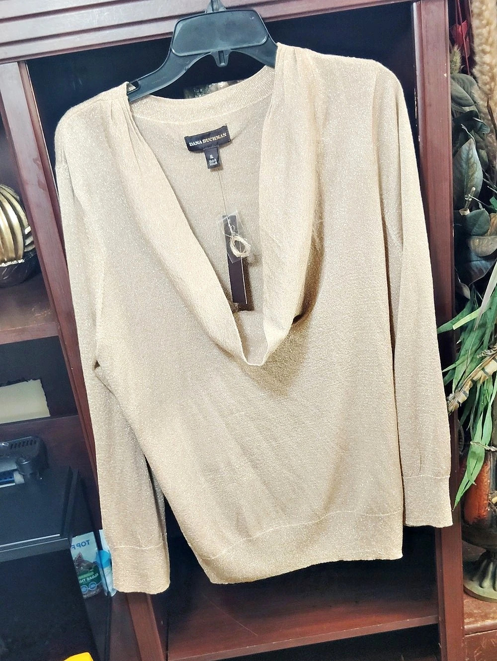 Dana Buchman V-Neck Shimmer Sweater in Beige XL NWT